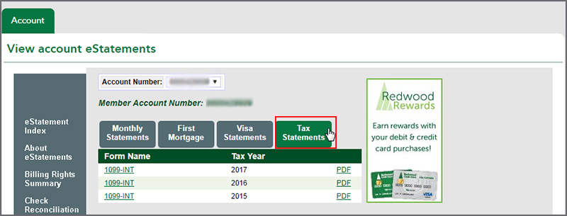 Screenshot of Online Banking showcasing the Tax Statements tab