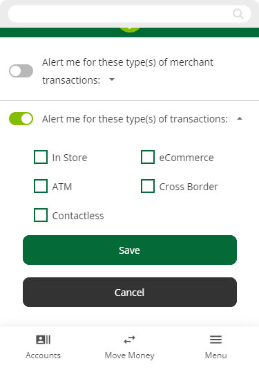Screenshot of setting transaction alerts in mobile