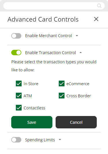 Screenshot of setting transaction type controls in mobile