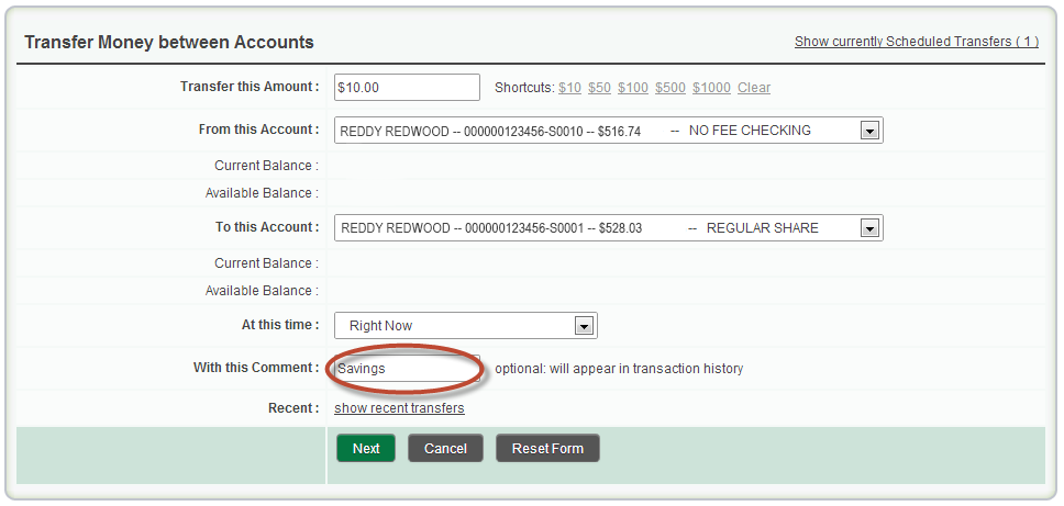 Set up transfer with comment