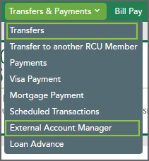 Transfers and External Account Manager listed in the Transfers & Payments menu