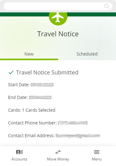 Screenshot of travel notice submitted on mobile devices