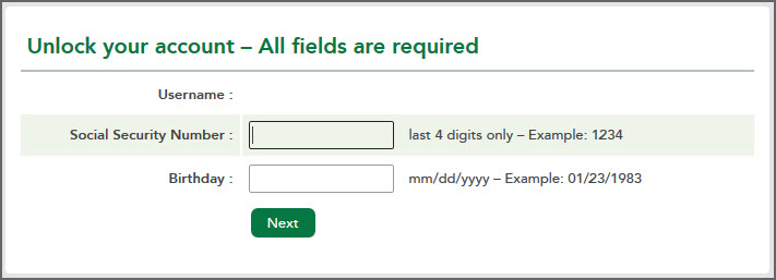 Unlock your account- All fields are required. 