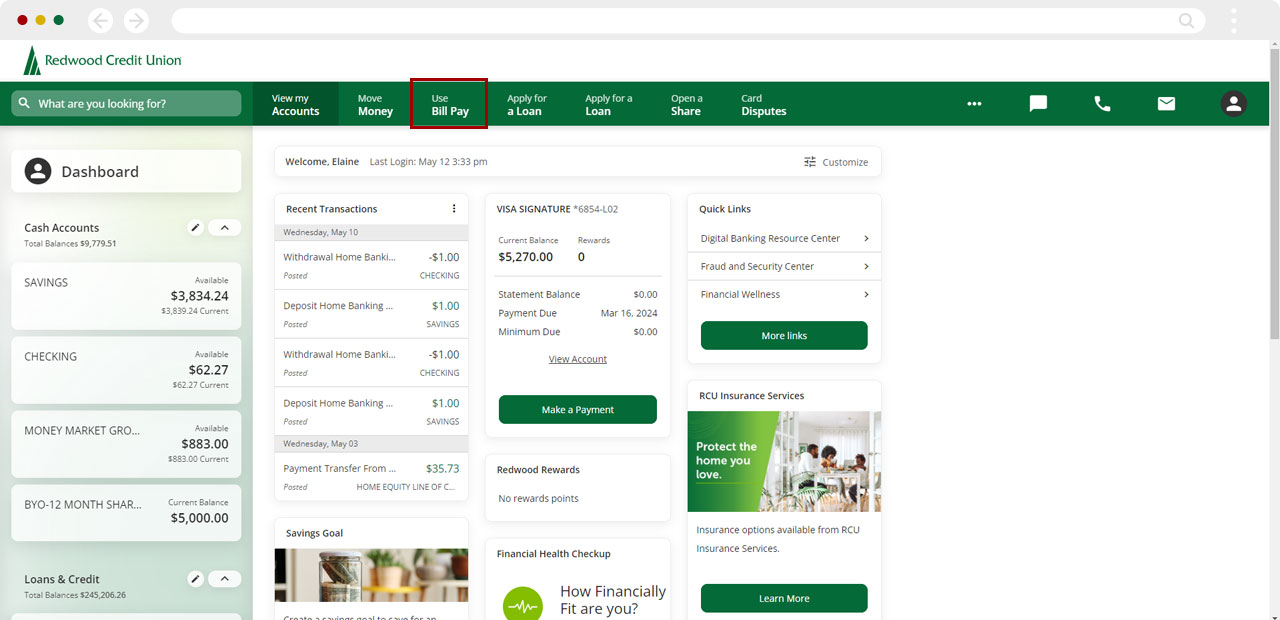 Screenshot of navigating to Use Bill Pay from the dashboard on desktop