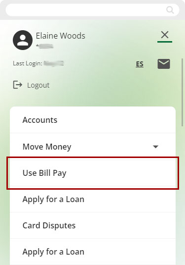Screenshot of accessing Bill Pay from the main menu in mobile