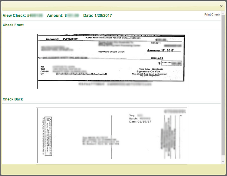 View Check detail page. Image of the front and back of the check. 