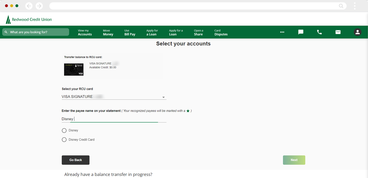 Submitting a Visa balance transfer on desktop, step 3