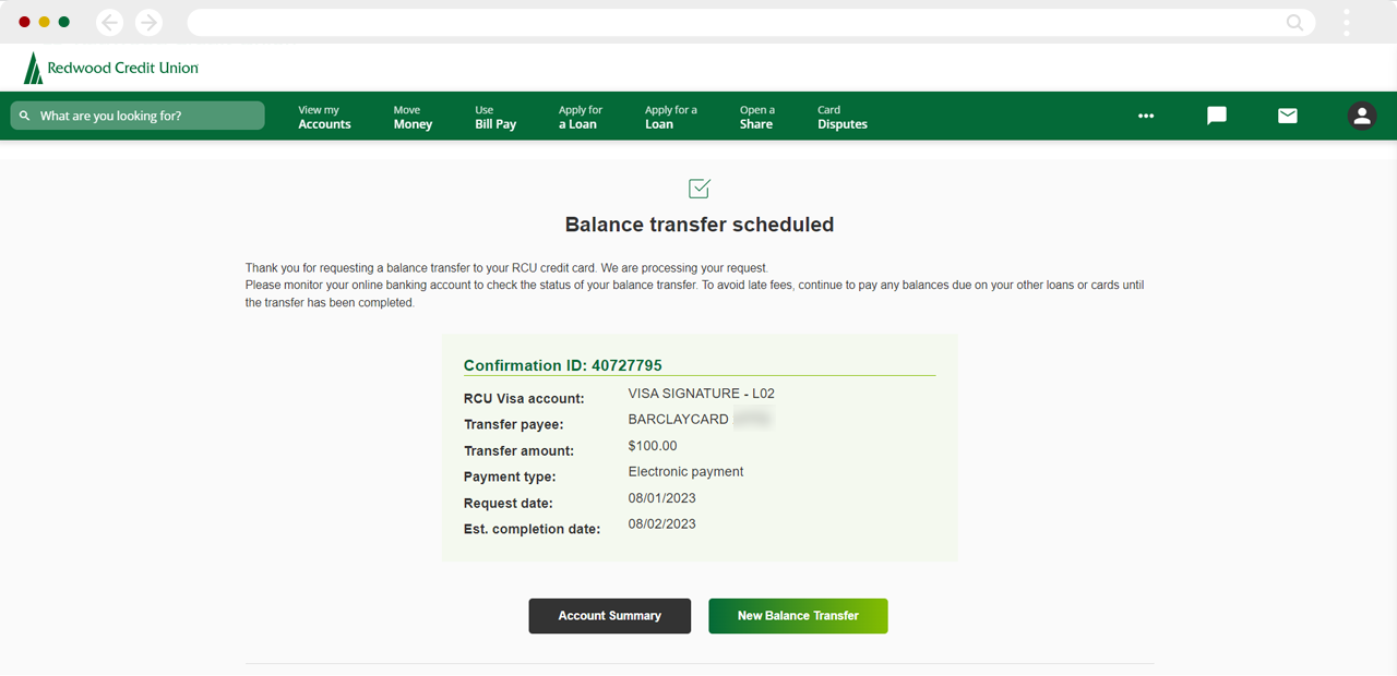 Submitting a Visa balance transfer on desktop, step 7