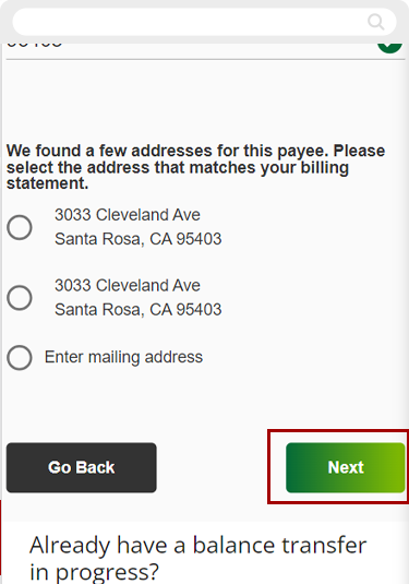 Submitting a Visa Balance Transfer in mobile, step 6