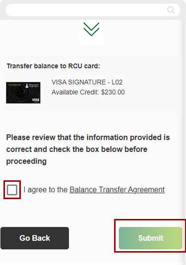 Submit a Visa balance transfer, step 9