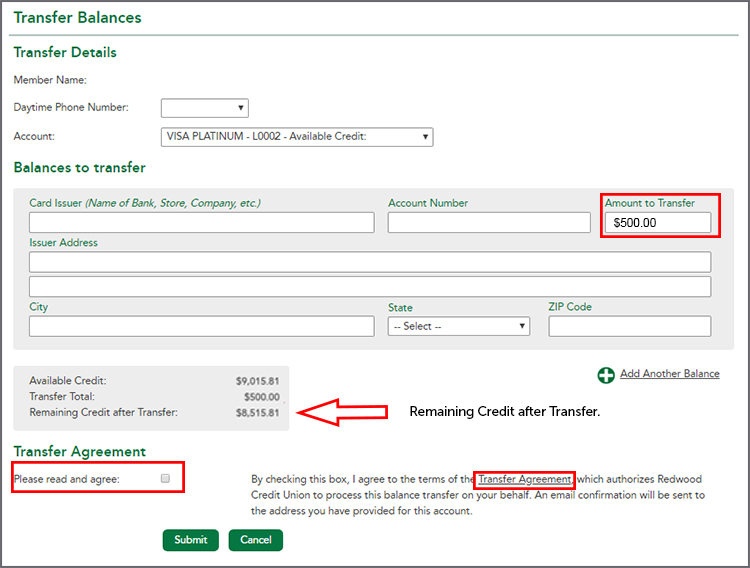 Fill outall fields on the Transfer Balances form. 