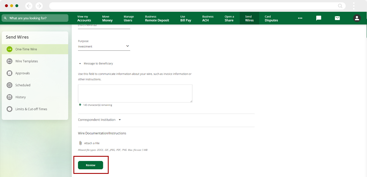 Submitting a wire transfer request on desktop, step 3.5