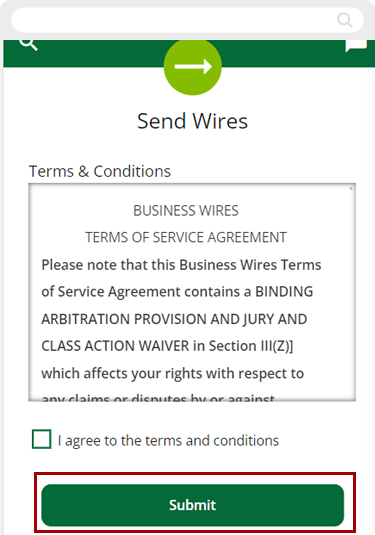 Submitting a wire transfer request in mobile, step 2