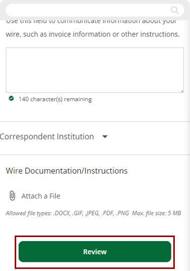 Submitting a wire transfer request in mobile, step 3.5