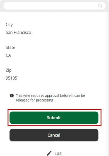Submitting a wire transfer request in mobile, step 4